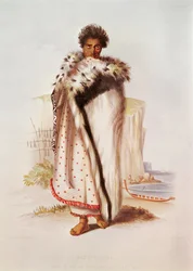 Rangitakina, Bay of Plentyn päällikkö itärannikolla, kuvitus New Zealand Illustrated, kaiverrus W. Hawkins, n. 1845