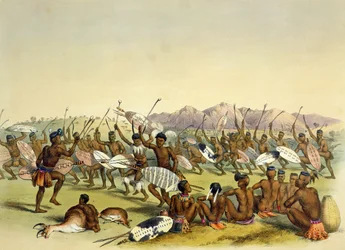 Zulujen metsästystanssi lähellä Engooi-vuoria, levy 14 The Kafirs Illustratedista, 1849