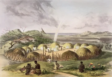 Zulu Kraal lähellä Umlazia, Natal, levy 27 The Kafirs Illustratedista, 1849