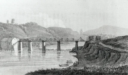 Bridge Zanesvillessä, Ohiossa, Adlard Welbyn julkaisusta "Vierailu Pohjois-Amerikassa ja englantilaisiin siirtokuntiin Illinoisissa", julkaistu 1821