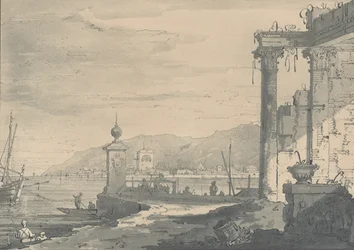Rannikkokohtaus, jossa on klassinen raunio oikealla, 1811.