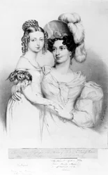 Kuningatar Victoria ja hänen äitinsä prinsessa Victoria, Kentin ja Strathearnin herttuatar, kaiverrus Richard James Lane, 1834