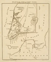 New Yorkin kaupungin suunnitelma, jossa näkyy tehty [sic] ja suoalue, 1856 (musta muste paperille)