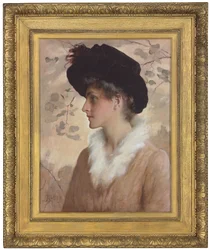 Naisen puolivartalomuotokuva, yllään musta hattu ja turkispuuhka, 1888