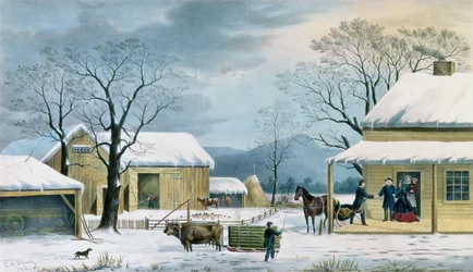 Kiitospäivän koti, J. Schulferin kaiverrus, pub. Currier ja Ives, 1867