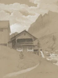 Talo Alpeilla, Cortina, 1883 (grafiitti valkoisella guassilla ruskealla kudospaperilla)