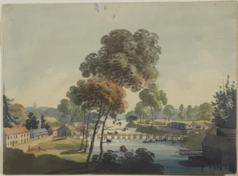 Chippawan kylä lähellä Niagaran putouksia, n. 1801 (wc kudospaperilla)