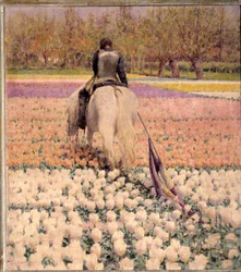 Kukistettu. Epätoivoinen, ammuttu ratsastaja ylittää tulppaanipellon tappion jälkeen. George Hitchcock (1850-1913), 1898, mitat 1 x 0,9 m, Pariisi, Musée d