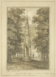 Bristol High Cross sellaisena kuin se seisoi College Greenissä vuonna 1763 (kynä ja akvarelli paperilla)