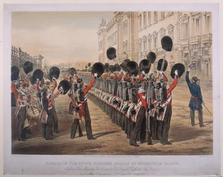 Scots Fusilier Guards -paraati Buckinghamin palatsissa aamulla, jolloin he lähtivät Seat of Wariin, 2. maaliskuuta 1854, kaiverrus E. Walker, julkaisija Colnaghi und Co., 1854