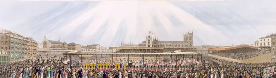 Näkymä kuningas Yrjö IV:n kruunajaiskulkueesta Westminster Hallista luostarikirkkoon, 19. heinäkuuta 1821