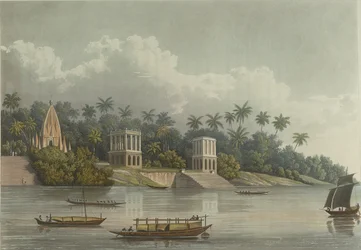 Hindoo-pagodit Gangesin Barrackporen alla