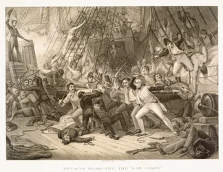 Horatio Nelson nousemassa San Josefiin Cape St Vincentin taistelussa 14. helmikuuta 1797, kaivertanut John Crew alkuperäisen mukaan Greenwich Hospital Collectionissa