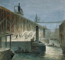 Blackfriars Bridgen purkutyöt Surreyn rannalta Lontoossa, 1865