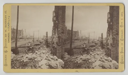 Stereografia Washington Streetistä LaSalle Streetin kulmasta katsoen itään Chicagon tulipalon jälkeen 1871, 1871 (bw-kuva korttitelineessä)