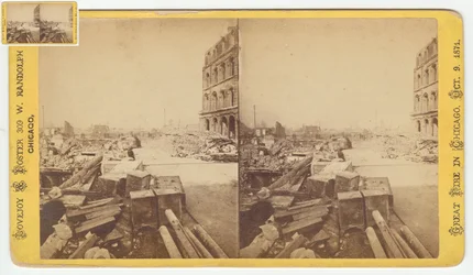 Stereografia kassakaapeista, jotka on otettu Dearborn Streetin raunioista Chicagon palon jälkeen 1871, 1871 (bw-kuva korttitelineessä)