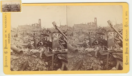 Stereografia Mammoth Store of Field & Leiter -kaupan raunioista Chicagon tulipalon jälkeen 1871, 1871 (bw-kuva korttitelineessä)