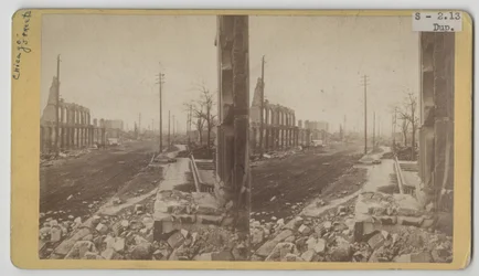 Stereografinäkymä Clark Streetille Chicagon palon 1871 jälkeen