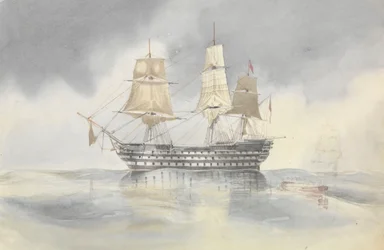 Britannia" pysähtyi tyynessä säässä vastaanottamaan veneen, luultavasti lähellä Cape Carthagea, joka purjehti kontra-amiraali Dundasin lipun alla, 27. huhtikuuta 1852.