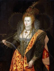 Englannin Elisabet I:n, 1533-1603, muotokuva balettiasussa sateenkaaren jumalatar Iriksenä, Sateenkaarimuotokuva