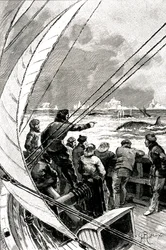 Merellä napaa kohti: laivan (purjeveneen) miehistö näkee ryhmän valaita. Kuvitus Jules Vernen (1828-1905) romaanista "" Jääsfinksi ""