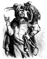 George Rouxin (1853-1929) kuvitus Cervantesin Don Quijote -teokseen: Mestari Peter ja hänen apinansa - apina kirjallisuudessa -