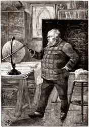 J. T. Maston, matemaatikko ja seikkailija, Gun-Clubin sihteeri, päähenkilö Jules Vernen romaanissa "Sans dessus dessous", kokoelma Hetzel / voyages extraordinaires 1889. George Rouxin piirros.