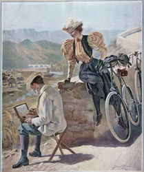Akvarelli ja pyöräily - litografia Georges Roux, v.1900