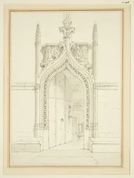 St Mary Redcliffe -huoneen oviaukko, n. 1812 (kynä ja akvarelli paperille)
