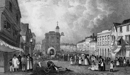 High Street, Maidstone, A Market Day, kaivertanut S. Lacey, julkaistu 1832