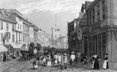 Markkinapäivä Dartfordissa, Kentissä, kaivertanut Henry Adlard, n. 1830