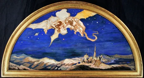 The Dragon Passing Over Travelers (vesiväri vartalovärillä ja kulta silkillä)