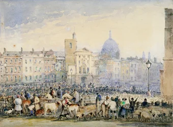 Näkymä Smithfield Marketista hahmoineen ja eläimineen, Lontoon kaupunki, 1824.