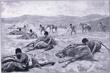 Kasakka ja hänen hevonen: laite suojan turvaamiseksi yhteenotossa, kuvitus Cassells History of the Russian-Japanese Warn Vol 1, n. 1900