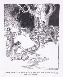 Sitten Jason hyppäsi ulos väsyneenä ja repäisi fleecen puunrungosta George Allenin ja Unwinin 1929 julkaisemasta The Heroesista (litho)