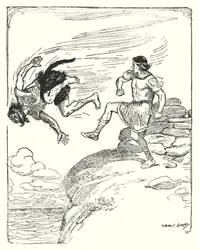 Theseus: "Hän potkaisi hänet kallion yli mereen" (litho)