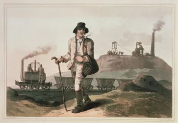 Blenkinsop-veturi Middletonin tehtaalla lähellä Leedsiä, kaiverrus Robert ja Daniel Havell, 1814