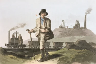 Blenkinsop-veturi Middletonin tehtaalla lähellä Leedsiä, Robert Havellin (1769-1832) kaiverruksesta "Yorkshiren puku" 1814