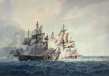 Hänen Majesteettinsa Sloopin Bonne Citoyennen ja ranskalaisen fregatin La Furieusen välinen toiminta Länsisaarilla 6. heinäkuuta 1809, R und D Havellin kaivertama, julkaissut Robert Cribb vuonna 1810