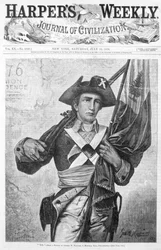 "76" Minuteman tai Continental Soldier pitelee muskettilippua, "Harpers Weekly, A Journal of Civilization" -lehden etukansi, kaiverrus Speer, New York, 15. heinäkuuta 1876
