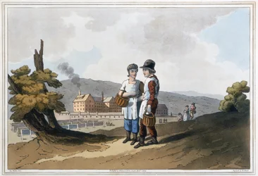 Tehdaslapset, teoksesta Yorkshiren puku, kaiverrettu Robert Havell (1769-1832) 1814 (käsinvärinen akvatinta)