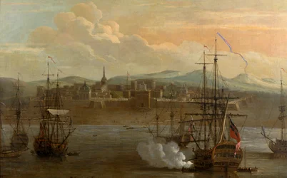 Maalaus Fort St Georgesta Madrasissa, Intiassa. Vuonna 1731. Sotilaslinnoitus ja satama laivoineen. Laivan kanuuna ammutaan. Savu. Taistelu.
