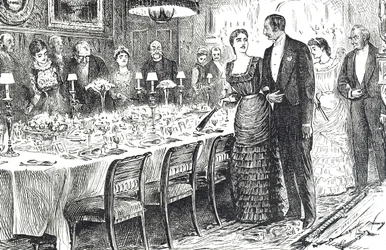 Sarjakuva "Going into Dinner" kuvaa nuorta paria saapumassa ruokasaliin