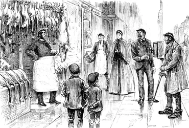 Kaiverrus, joka kuvaa teurastajaa ja siipikarjaa, jota George du Maurier valokuvasi joulunäytöstään. George du Maurier (1834-1896) oli ranskalais-brittiläinen sarjakuvapiirtäjä ja kirjailija. Päivämäärä 1800-luvulta ©UIG/Leemage