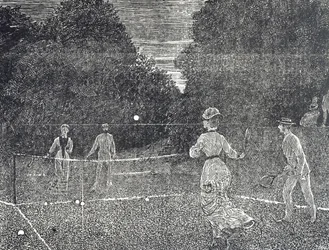 Valkoisen fosforimaalin käyttöä kuvaava kaiverrus, jota suositellaan tennispelaajille