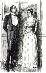 Georges du Maurierin sarjakuva, joka kuvaa miehen ja naisen keskustelua seuratapahtumassa, Englannissa 1891