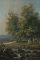 Hevosia ja karjaa joen rannalla, 1777
