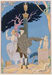 Broken Hearts, Broken Statues, kuvitus Paul Verlainen (1844-96) "Fetes Galantes" -kirjaan, julkaistu 1928 (pochoor print)