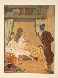 Makuuhuonekohtaus, kuvitus Pierre Choderlos de Laclosin (1741-1803) pubista "Les Liaisons Dangereuses". 1934 (stensiiliprintti)
