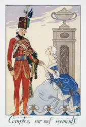 Luota valaani (olen uskollinen sinulle), unkarilainen husaari, George Barbierin (1882-1932) litografia, Falbalas et Fanfreluches, Almanach des Modes Presentes, Passees et Futures